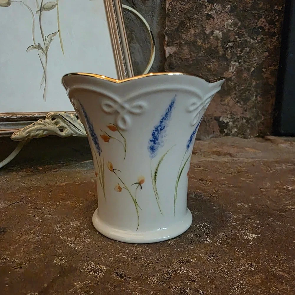 Lenox Ivory China Floral Vase Gold Trim Scalloped Rim Blue Lavender 4.5 Inch